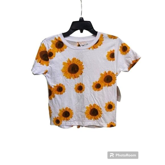 On Fire SZ Small Open Tie Back Sunflower Print Cop T-Shirt Festival Y2K Floral - Picture 4 of 10